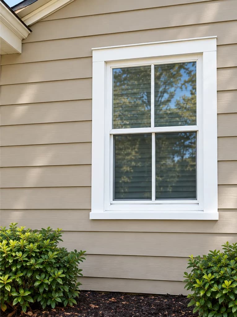 The same siding repaired and repainted, with a clean white window frame