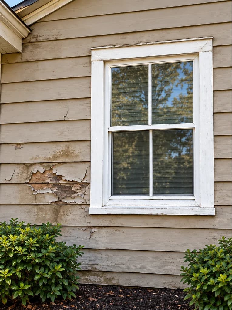 House siding with peeling paint and moisture-damaged wood next to a window